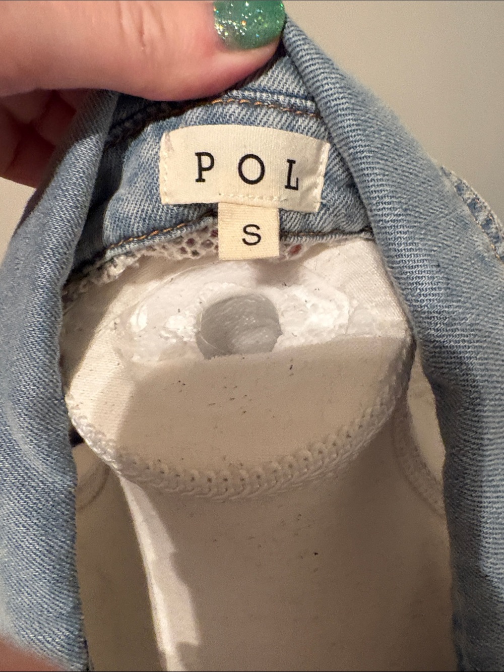 POL Light Blue Patchwork Denim Jacket with Cream & Red Accents small nwot - Picture 2 of 5